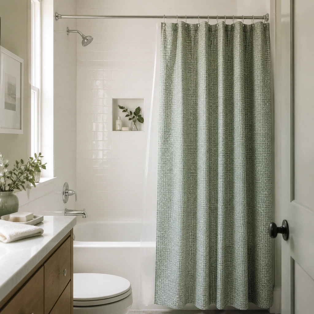 Small bathtub in an apartment bathroom; a white tub surround is clean and glossy. A shower curtain shows a subtle micro-mosaic pattern in muted greens with tiny off-white lines, paired with a clear liner and a chrome curtain rod.