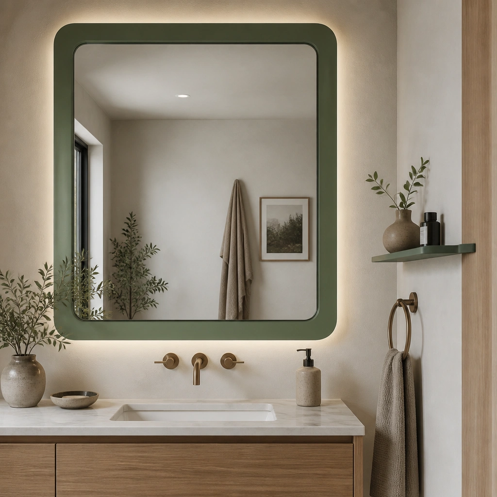Small bathroom with a large mirror; the mirror’s outer frame is coated in a soft green finish. The wall is neutral, and the green frame adds a halo effect around the reflection, with a towel ring and a slim shelf on the side.