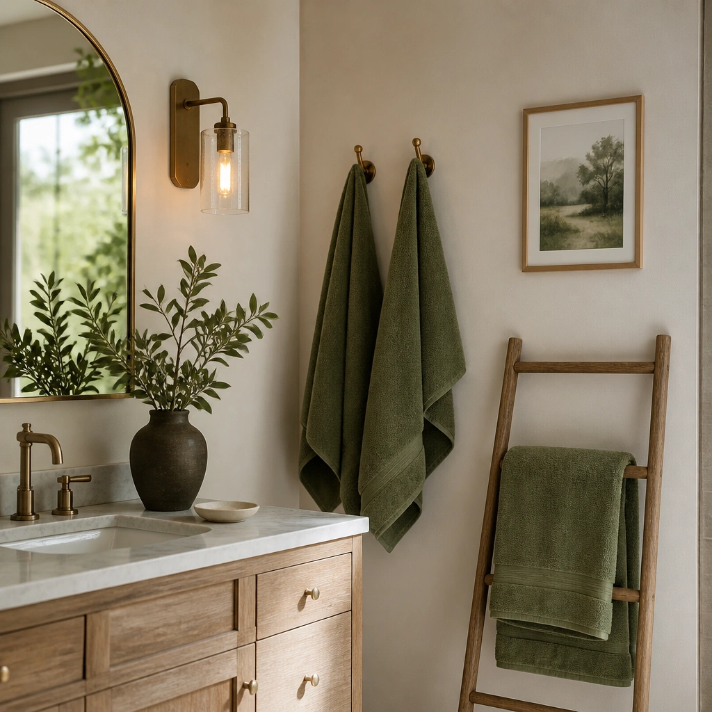 Bathroom with green hand towels and a folded bath towel on a small ladder rack. A wall sconce with a warm bulb glows on a neutral wall, and a small framed print in green tones sits nearby.