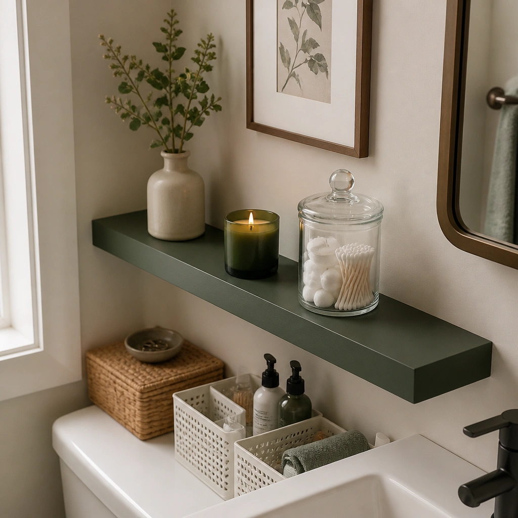 Compact bathroom corner with a narrow floating shelf painted dark green. On it sits a small candle and a glass jar; below are white baskets holding toiletries, and the wall is light beige.