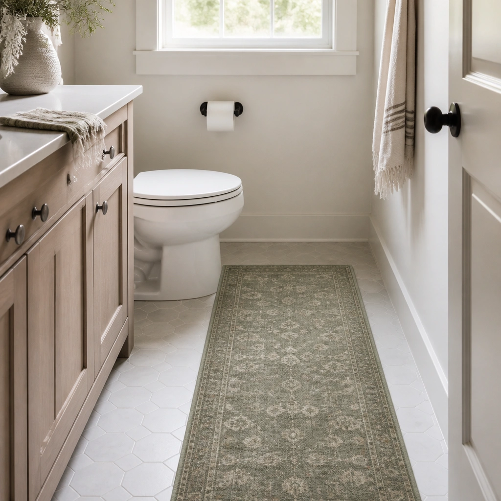 Small bathroom floor with a narrow runner rug in muted green. The rug has a low pile and subtle pattern, with a white toilet and light wood vanity nearby.