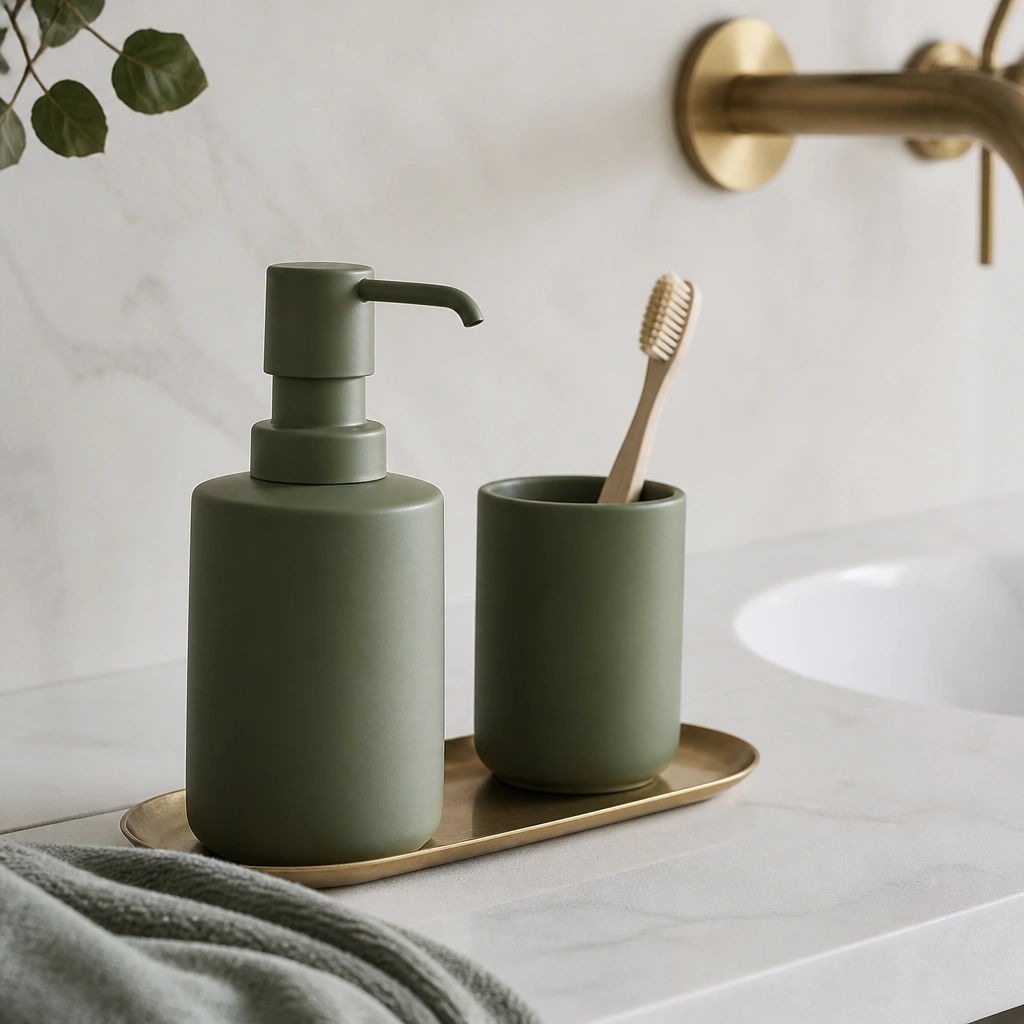 Close view of a small sink counter: a matte green soap pump sits in the foreground on a brass tray. A matching toothbrush holder is nearby, with only a few items total and clear negative space around them.