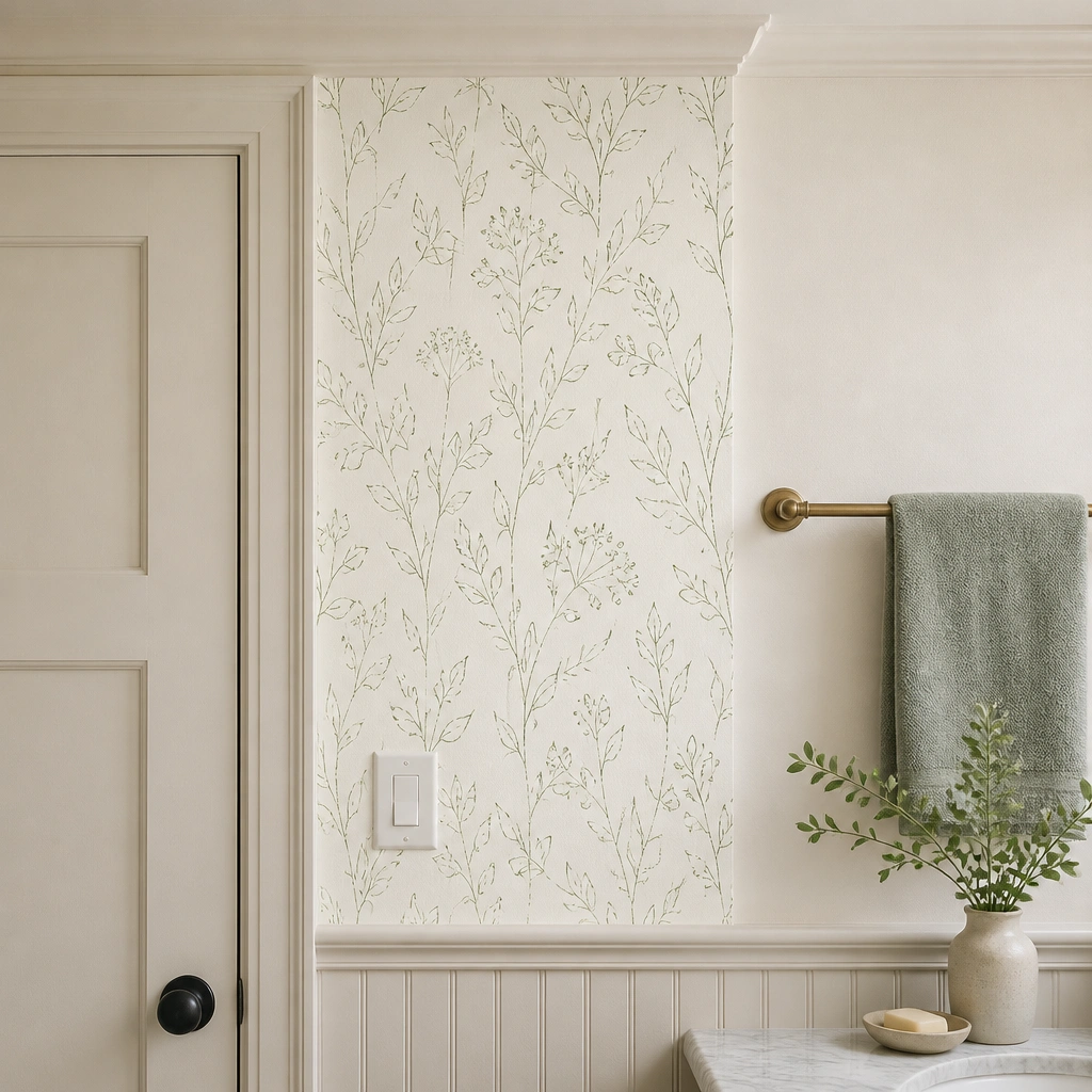 Bathroom wall section near a door and towel bar; a removable wallpaper strip features thin green line art on a soft off-white background. The strip stops at crown height, with a light switch and towel bar remaining visible.