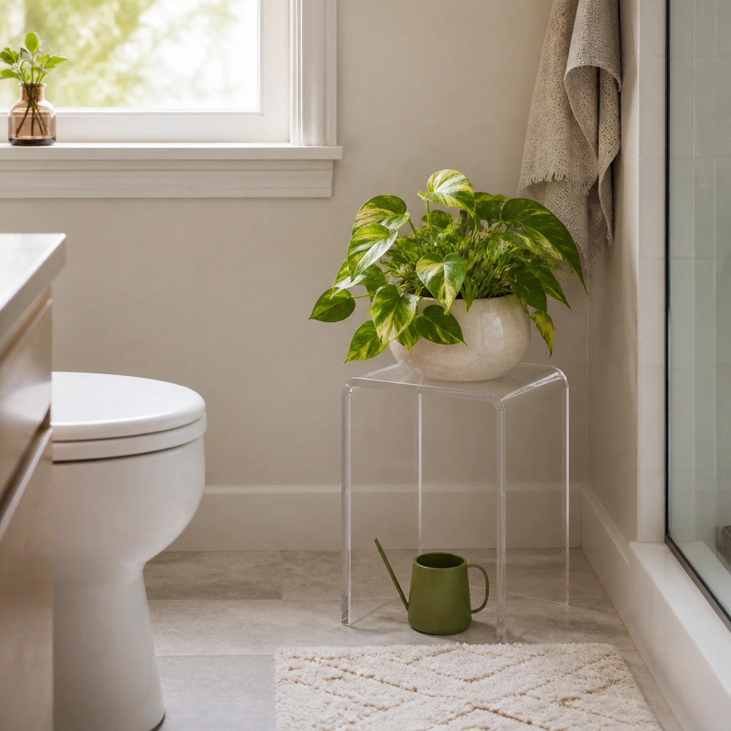 Small bathroom plant setup: a compact pothos in a ceramic pot sits on a clear acrylic plant stand near the window. A small green watering cup and a white rug mat are visible on the floor.