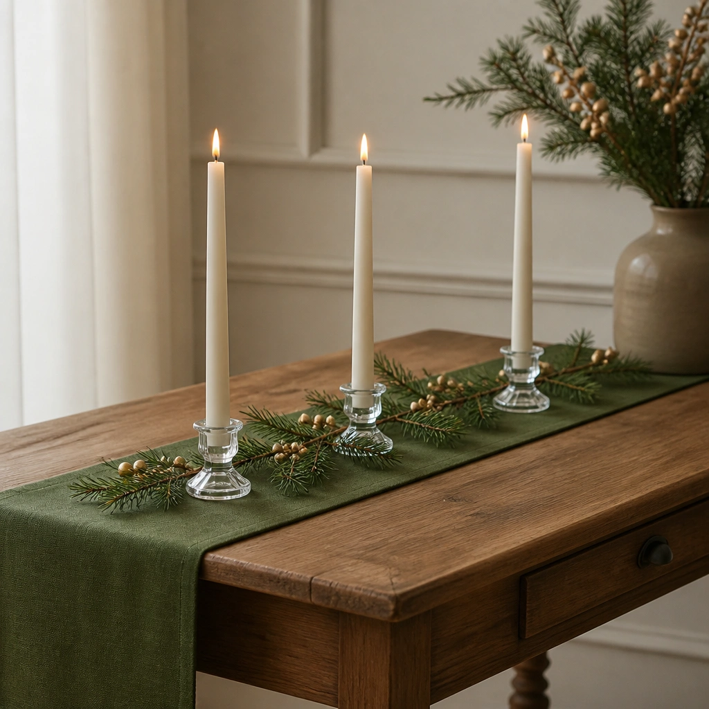 A slim green table runner on a small wooden table with three taper candles in clear glass holders, evenly spaced, plus a thin line of faux pine and gold berry picks along the center.