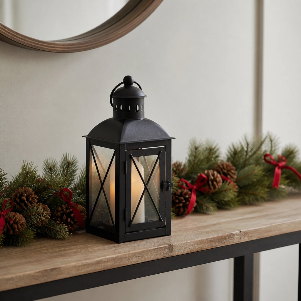 A small black metal lantern on a narrow table with a short faux garland strip behind it, decorated with tiny red ribbon bows and a few pinecones tucked into the garland.