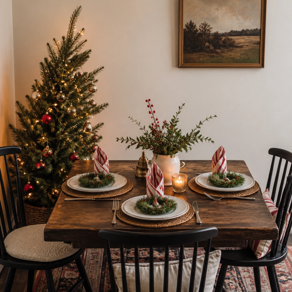 A compact table styled with a small leaning tabletop tree near the wall, three mini wreaths placed at each seat setting, and matching red-and-white striped napkins folded upright.
