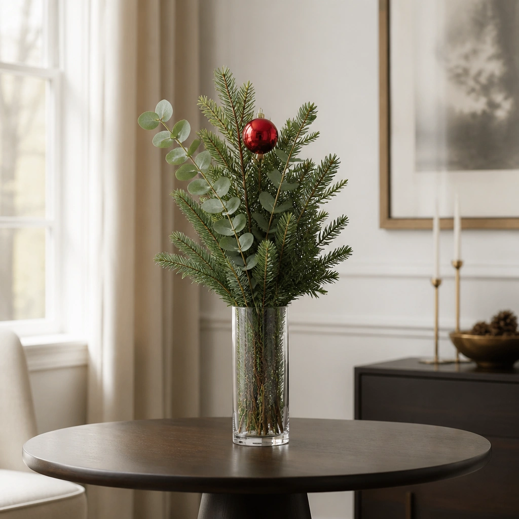 A tall narrow glass vase filled with faux evergreen stems and a few sprigs of eucalyptus, topped with a single red ornament, placed on the center of a compact table.