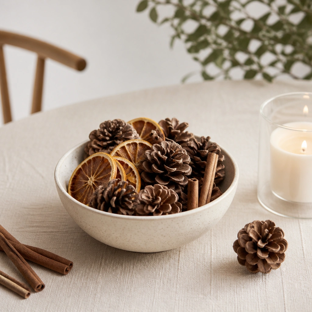 A small ceramic bowl in the center of a table holding pinecones, a few dried orange slices, and scattered cinnamon sticks, with a white candle in a glass cup nearby.