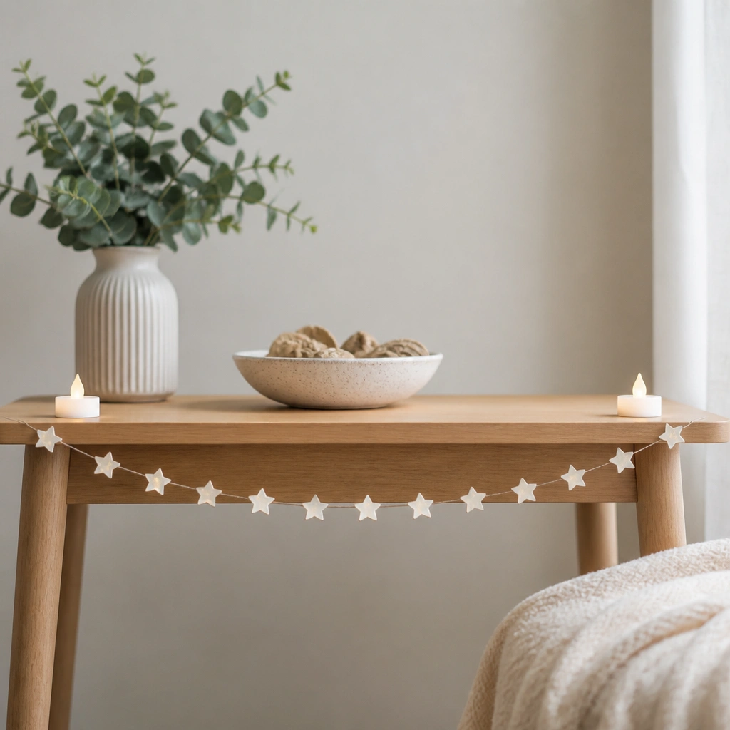 A thin garland of small star cutouts draped along the front edge of a small table, with two LED tea lights placed at the corners.