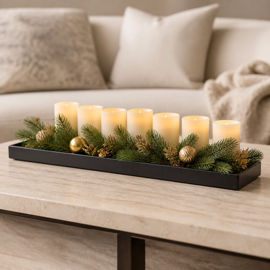 A low rectangular tray on a small table with a thin faux spruce topper, tiny gold accents, and a row of flameless candles lining the tray’s back edge.