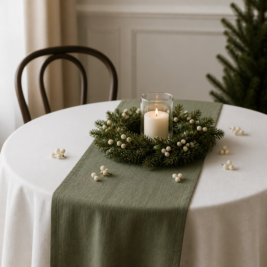A small white tablecloth with a single green runner, one wreath-shaped candle ring at center, and a few white faux berries scattered around it.