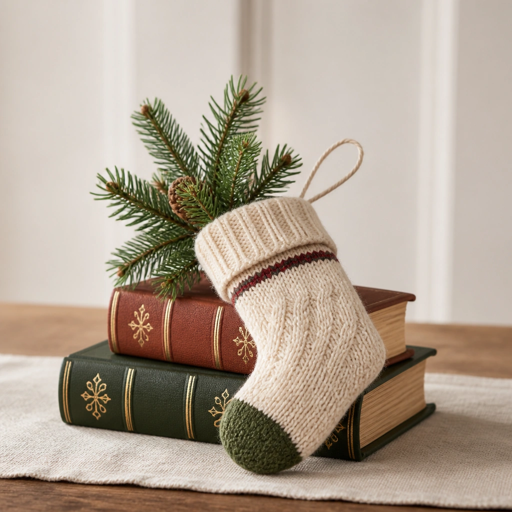 A compact center arrangement with two small decorative books stacked, a mini stocking draped over them, and a tiny evergreen sprig tucked behind.