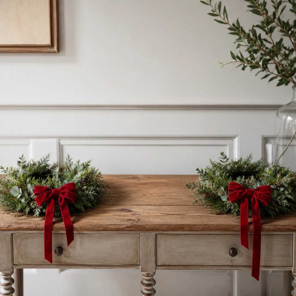 Two small wreaths placed at the left and right ends of a narrow table, leaving the center open for a serving plate, with red ribbon bows on each wreath.