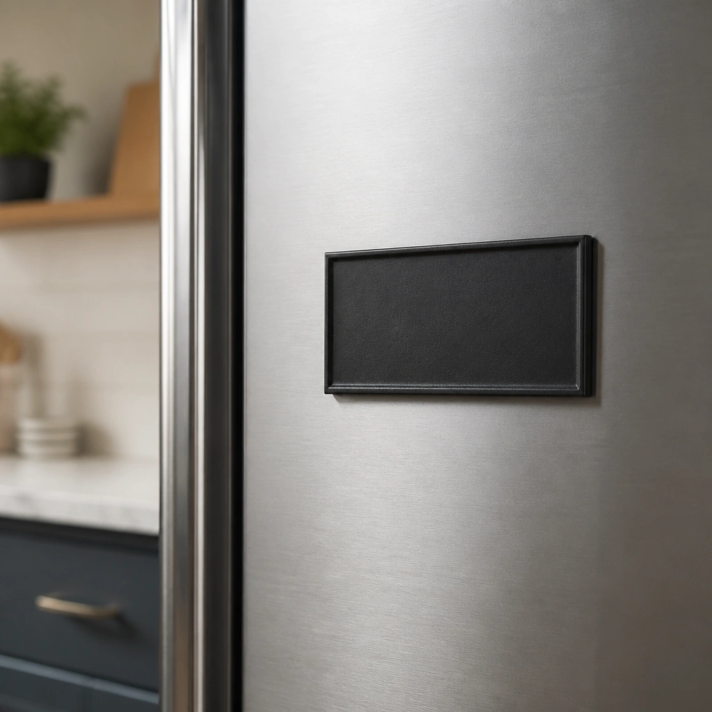 A small rectangular name plate with a raised serif letter style, finished in matte black, sitting on a stainless steel refrigerator door; the letters look slightly dimensional and the plate has a thin magnetic backing.