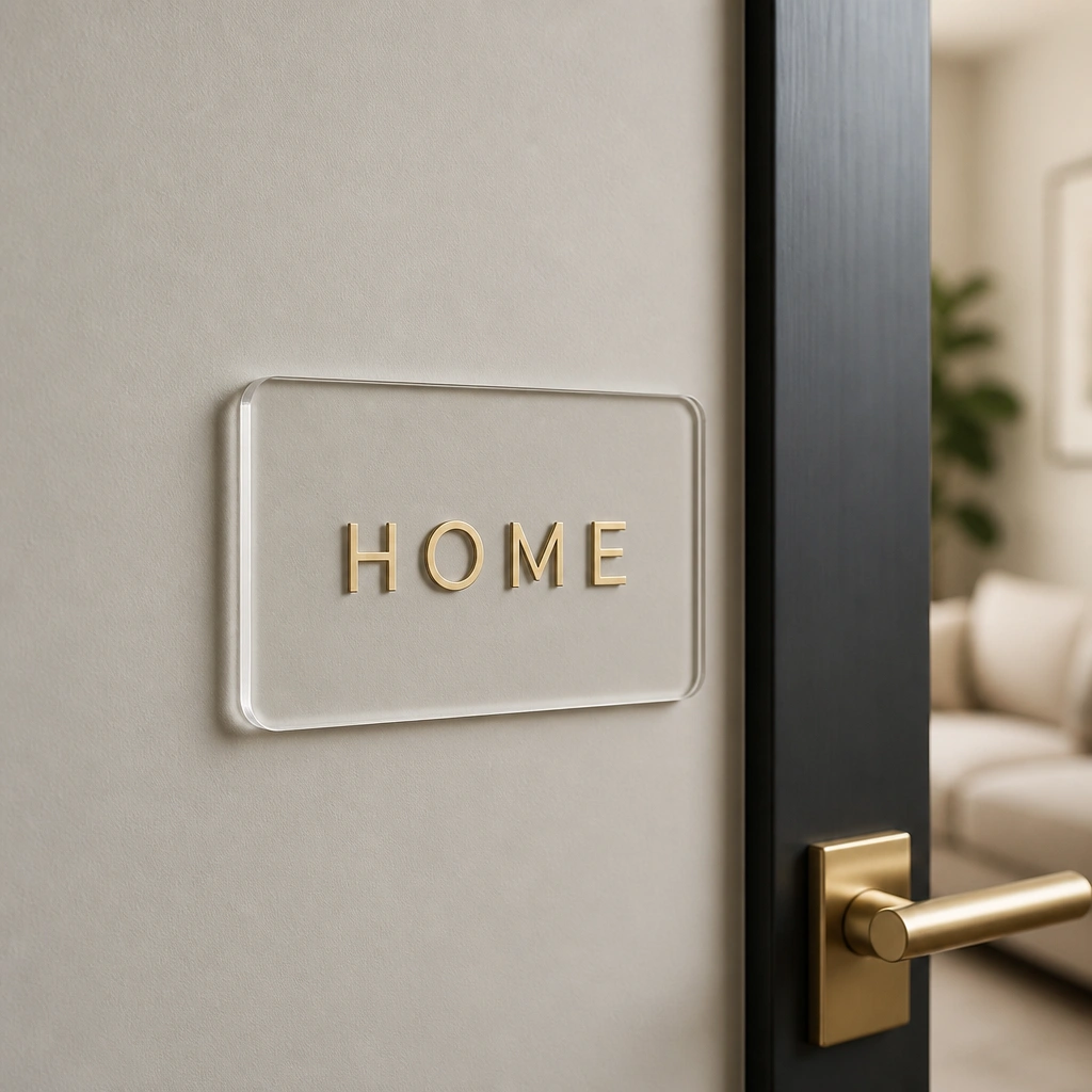 A clear acrylic name plate mounted near a door handle, with gold-toned lettering that reads “HOME” in a modern sans-serif font; the plate has rounded corners and sits flush against the wall.