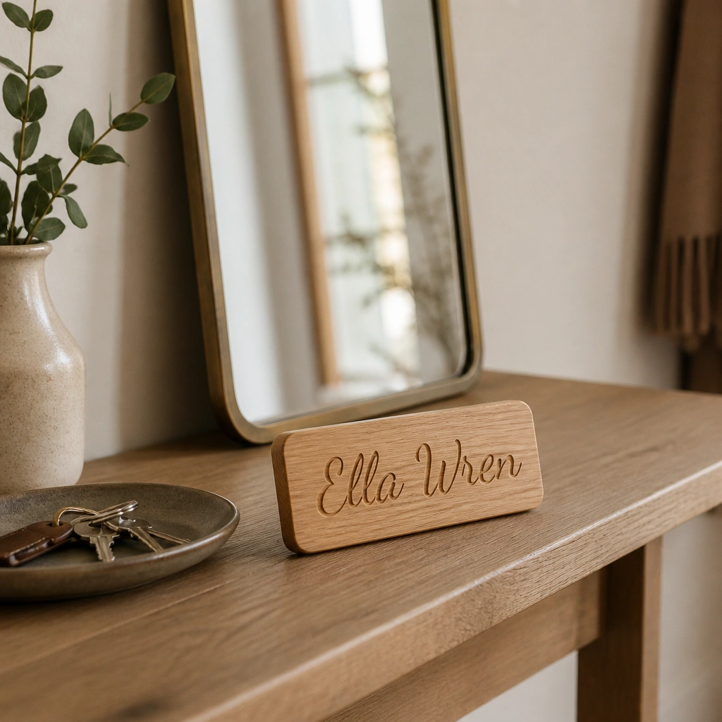 A small light oak wooden name plate with a carved script “Ella Wren” style, placed on a narrow entry shelf; the background shows a leaning mirror and a small tray with keys.
