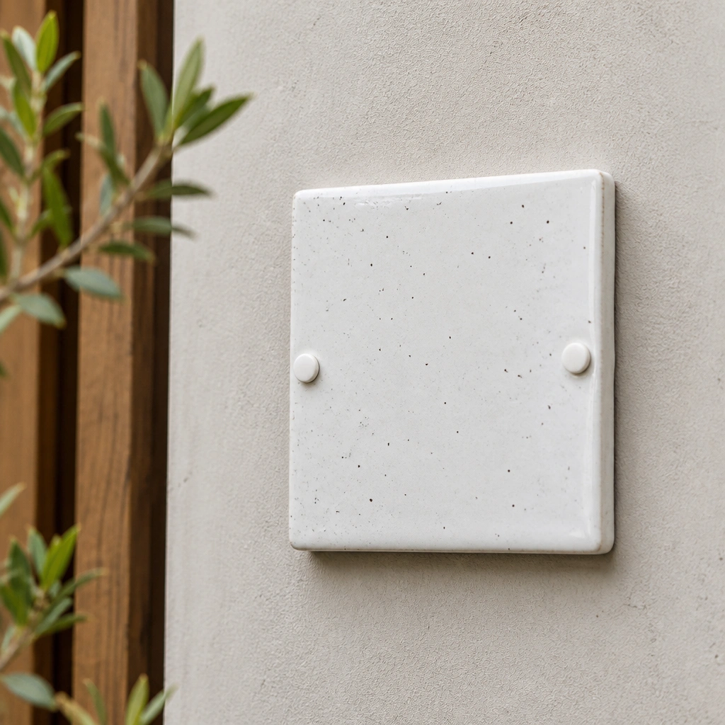 A square ceramic tile name plate with glossy white glaze and bold black lettering, mounted with two small adhesive pads; the tile has a subtle speckled texture like handmade pottery.