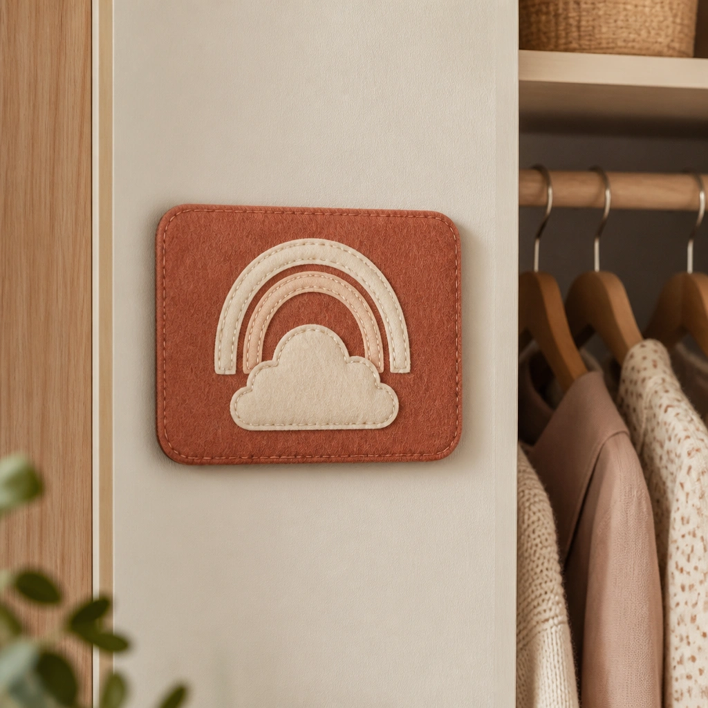 A soft felt name plate pinned or velcro-mounted to a closet wall, with stitched letters in muted terracotta and cream; the felt has a slightly rounded rectangular shape and clean edges.