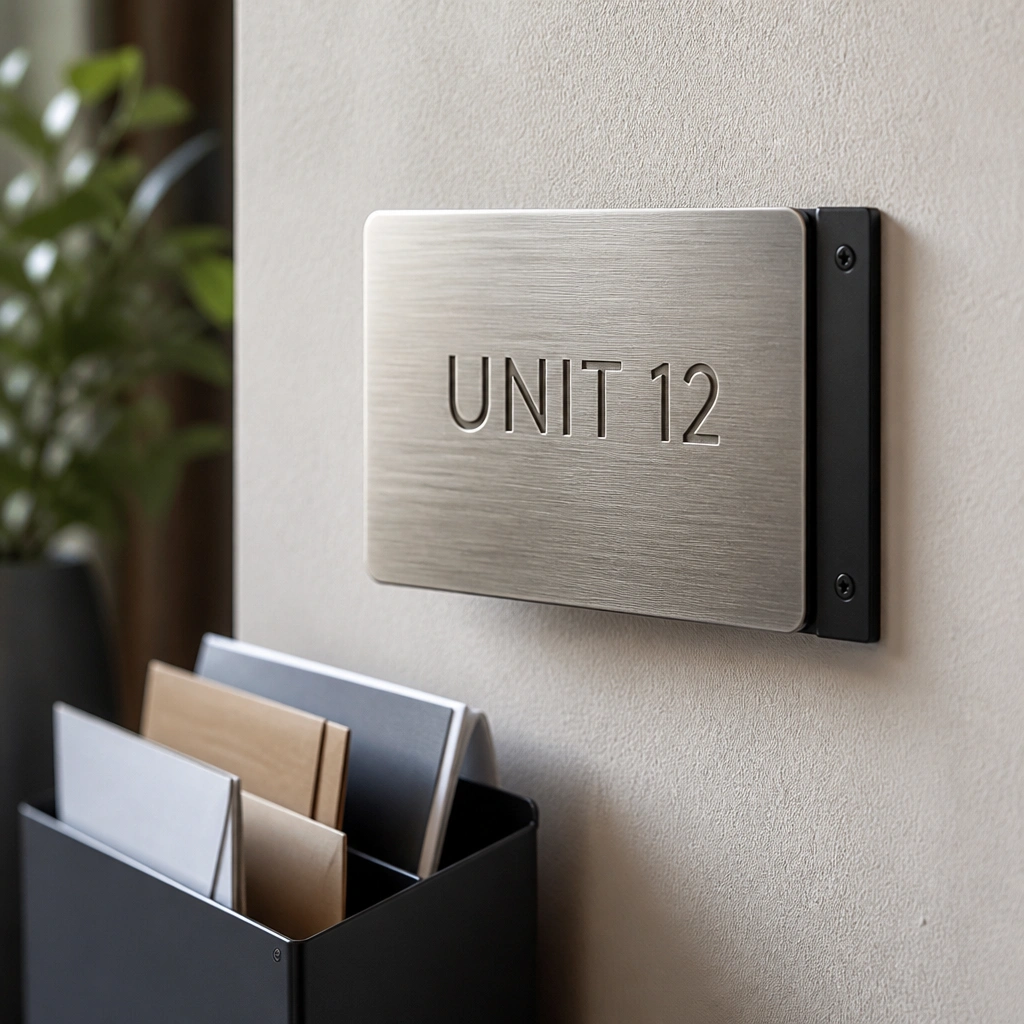 A brushed metal name plate mounted on a slim black bracket beside a small mail organizer; the plate shows “UNIT 12” in engraved letters, with a matte finish.