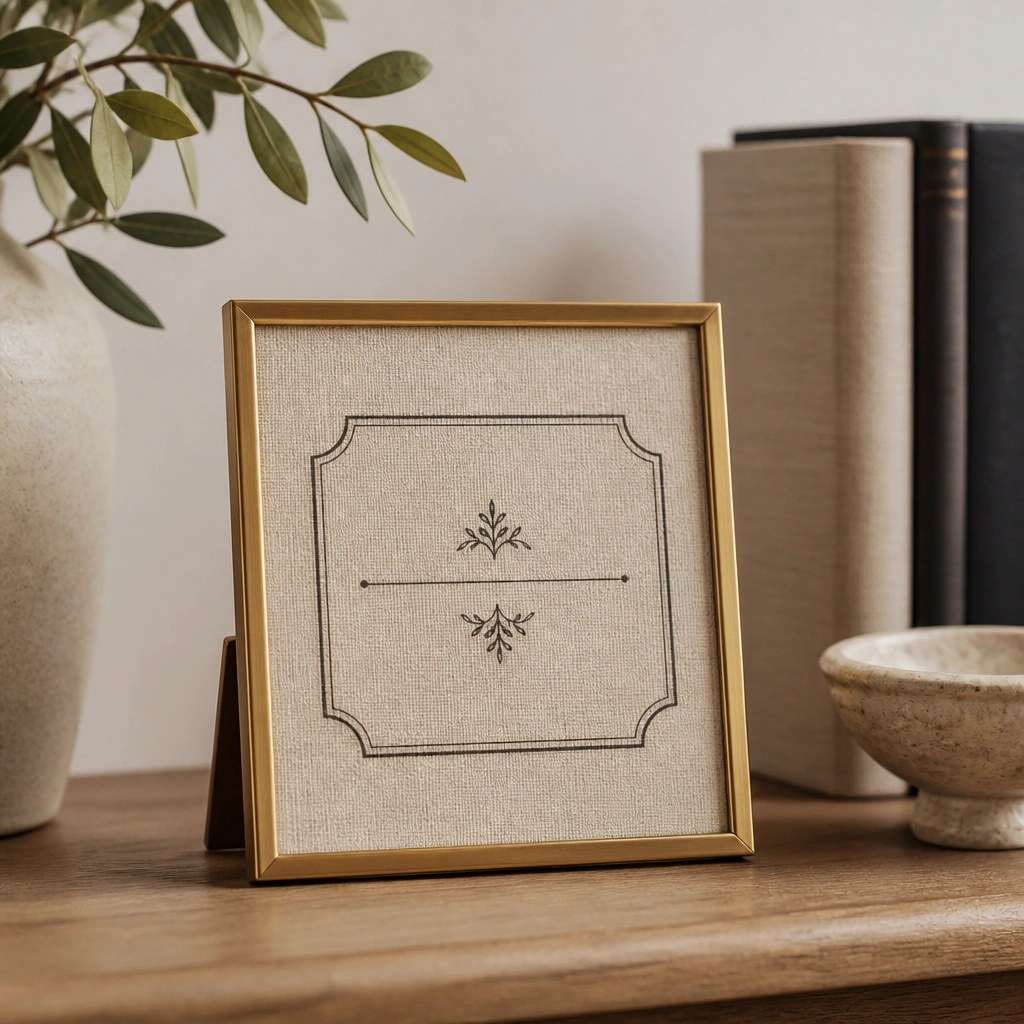 A small 5x7 frame with a thin gold border, containing a printed name plate design; the background is a neutral linen texture with dark lettering, and the frame sits on a desk shelf.