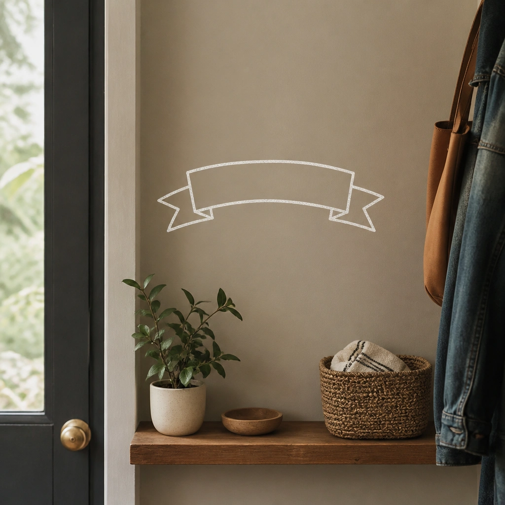 A small wall-mounted vinyl name label in chalk-style lettering, in a matte off-white or cream color, placed above a narrow entry shelf; the letters look hand-drawn.