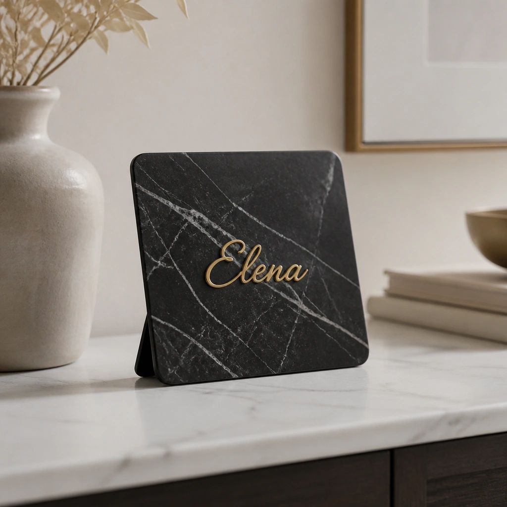 A small marble-effect sign with white veining and a gold name, standing upright on a console; the sign has a simple back stand and rounded corners.