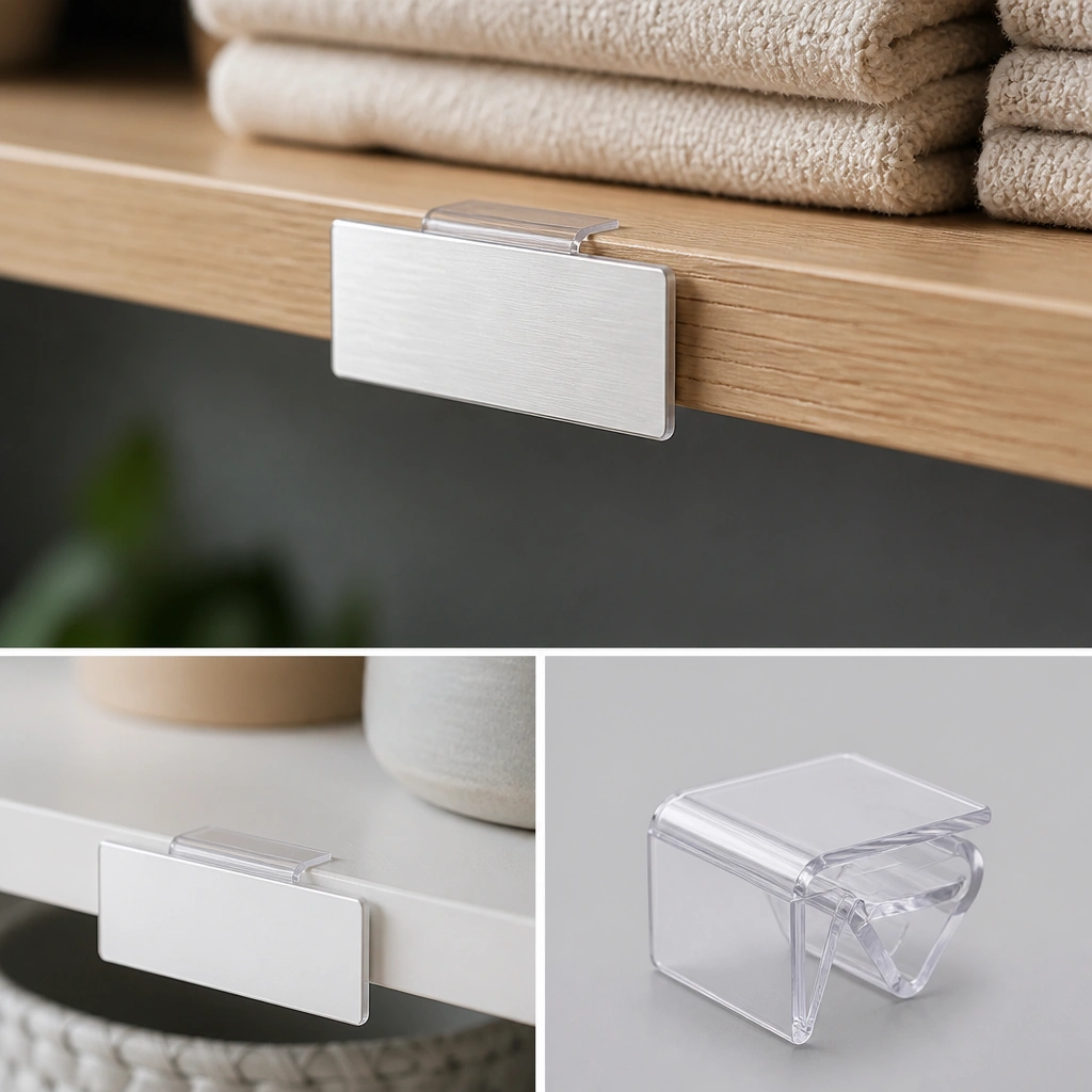 A small acrylic or metal name plate clipped to the front edge of a shelf; the letters are bold and centered, with a clear clip mechanism visible on the backside.