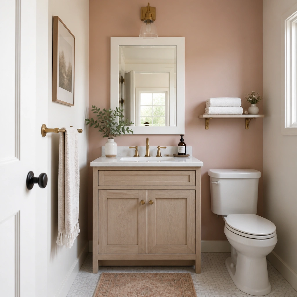 Small bathroom with a vanity centered against an accent wall painted a soft blush pink, warm white on the rest of the walls, a white framed mirror, and a single brass towel bar. A small shelf above the toilet holds neatly stacked white towels.