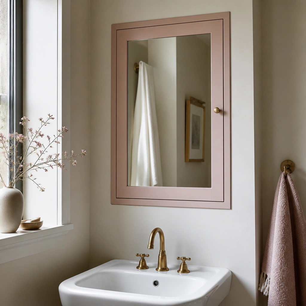 Compact bathroom corner with a mirrored medicine cabinet fitted flush into the wall. The cabinet door has a delicate soft pink frame, with a white sink below and a brushed brass faucet.