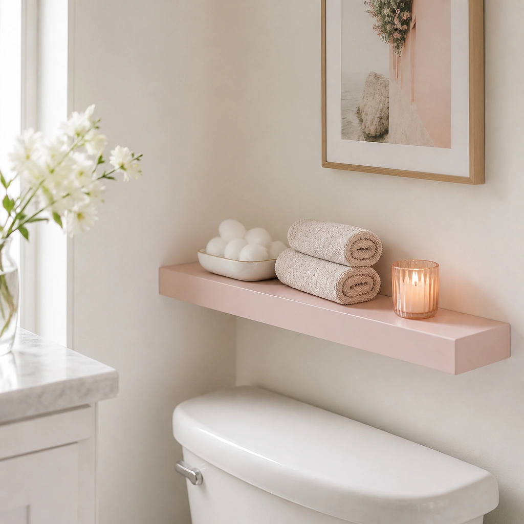 Bathroom with a narrow floating shelf painted blush pink above the toilet. On it: a small white ceramic tray with cotton balls, rolled hand towels, and a compact candle. The wall is warm white with a small framed print nearby.