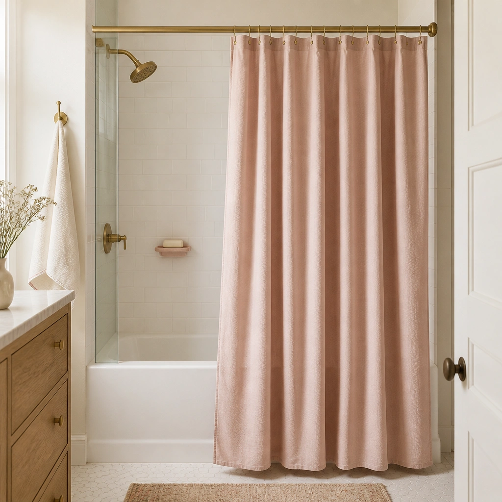 Small bathroom shower with a blush-pink fabric shower curtain hanging over a clear glass panel. A white tub surround and a simple brass shower rod frame the curtain, with a matching small soap dish on the wall.