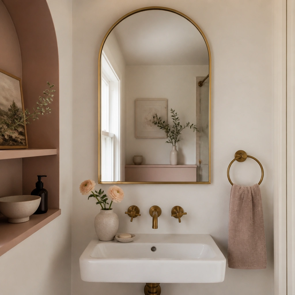 Compact bathroom with a large arched mirror in brushed brass above a small white sink. The walls are warm white with a blush-pink accent shelf detail, and a single brass towel ring sits to the side.