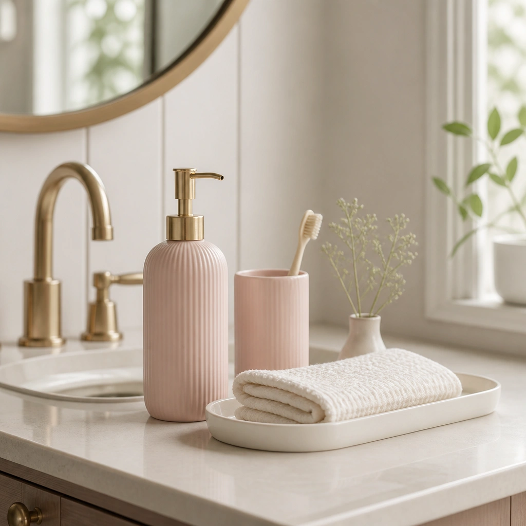 Small bathroom vanity styled with a blush-pink soap dispenser, a matching toothbrush cup, and a white ceramic tray holding a folded hand towel. A brass faucet and a warm white countertop keep the palette cohesive.