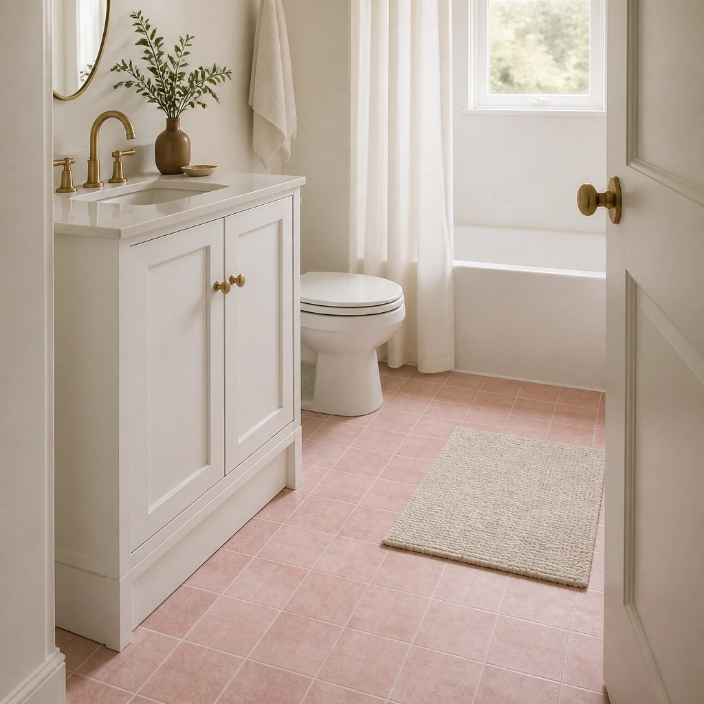 Small bathroom floor covered in peel-and-stick pink tile-look vinyl squares in a soft dusty rose tone. The vanity is white, and the walls are warm white, with a minimal brass faucet and a small bath mat.