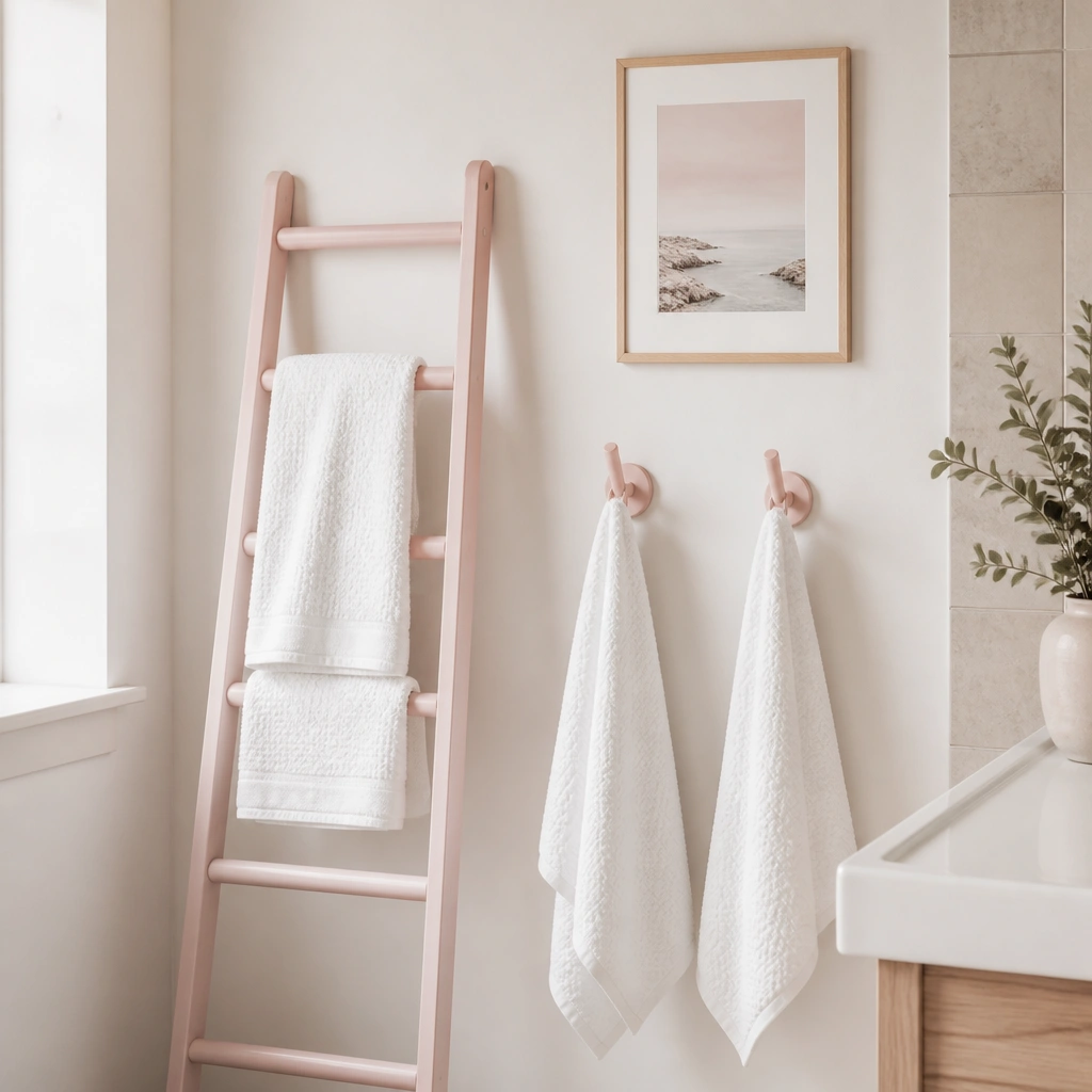 Bathroom wall with a small blush-pink towel ladder leaning slightly, plus two matching hooks below. White towels hang neatly, and a small framed print sits above on a warm white wall.