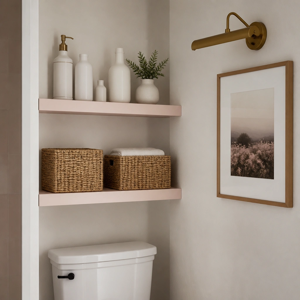 Open shelving above a toilet area with two narrow shelves. The shelf edges are painted blush pink, while the shelves hold white bottles on top and woven baskets below. The wall is warm white and a small brass picture light hangs nearby.