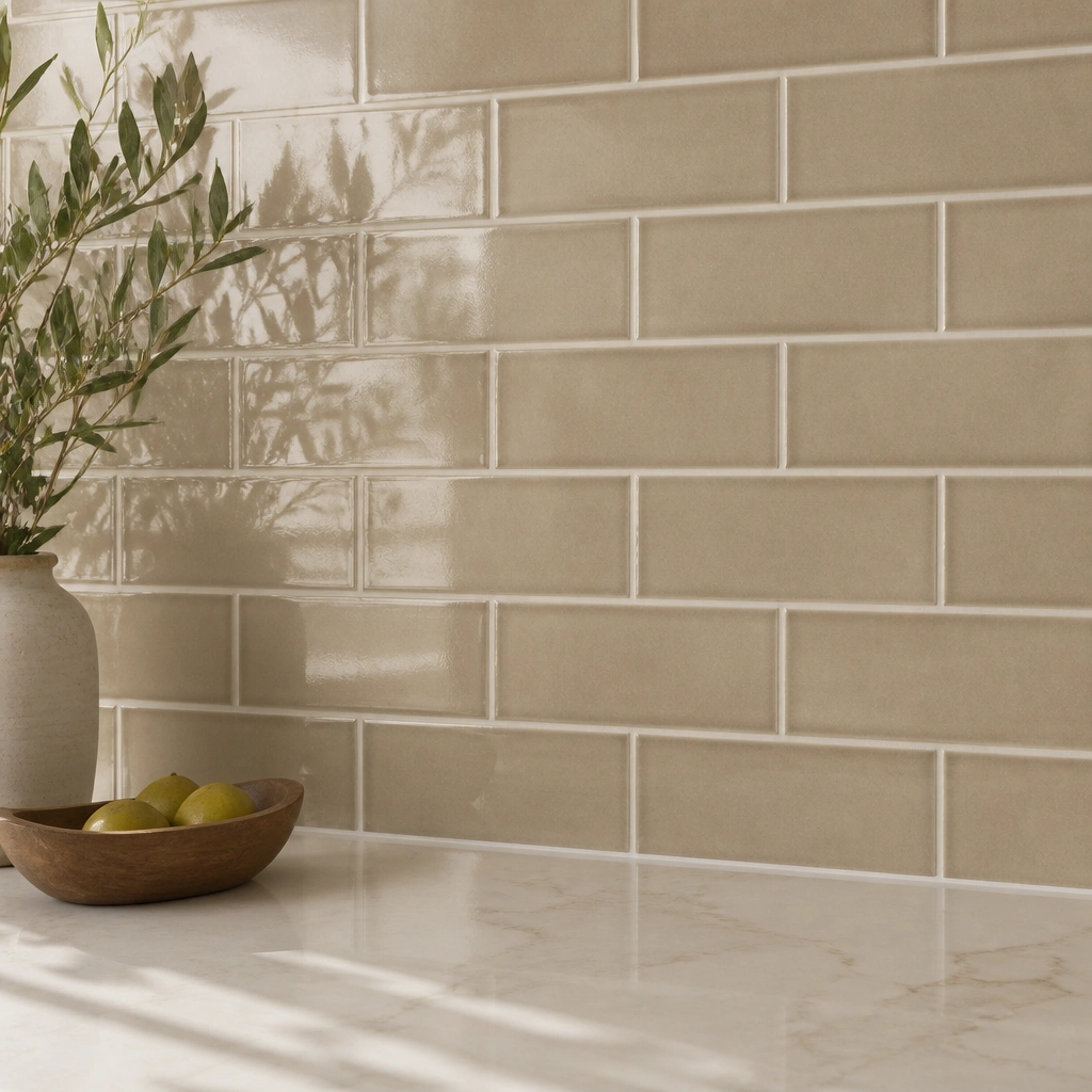 Rectangular beige subway tiles in a warm sand tone arranged in a classic staggered pattern, with light linen-beige grout lines and a clean, glossy caulk line at the counter edge.