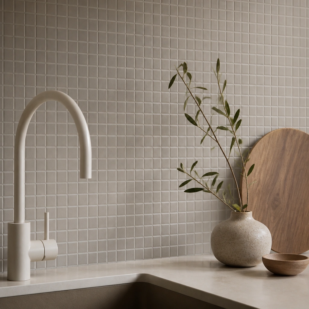 Small square micro-tiles in a muted greige color with a matte finish, set in a tight grid with thin grout lines, shown behind a light faucet and neutral countertop.