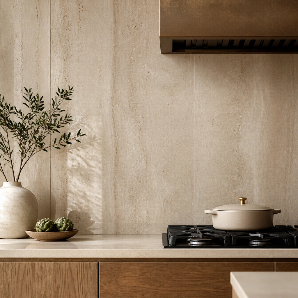 Large, vertically oriented rectangular backsplash panels with travertine veining and warm beige tones, minimal grout lines, and a soft sheen that looks like sealed stone.