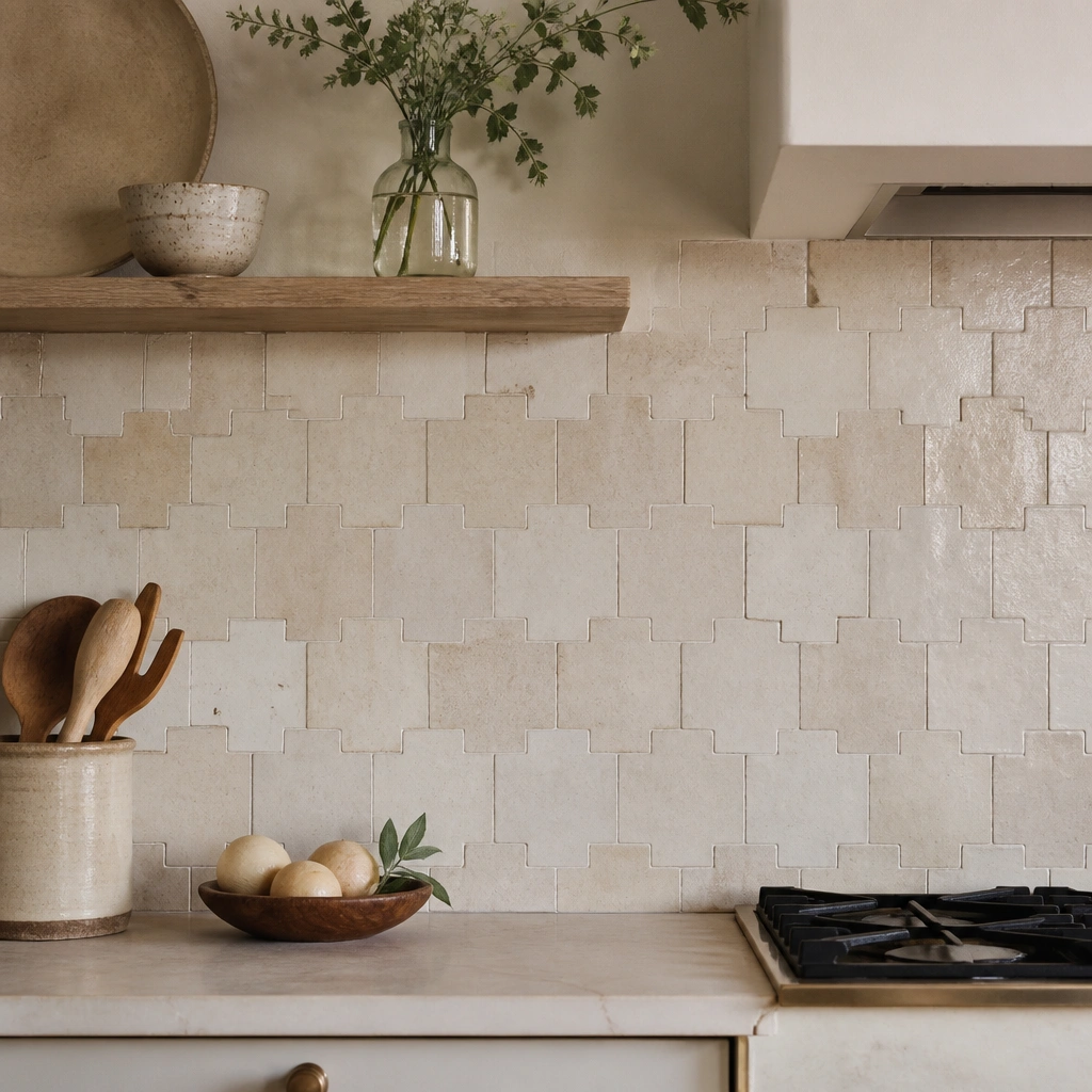 Handcrafted-looking beige and cream zellige-style tiles with irregular edges and subtle speckling, arranged in an interlocking pattern across the backsplash area.