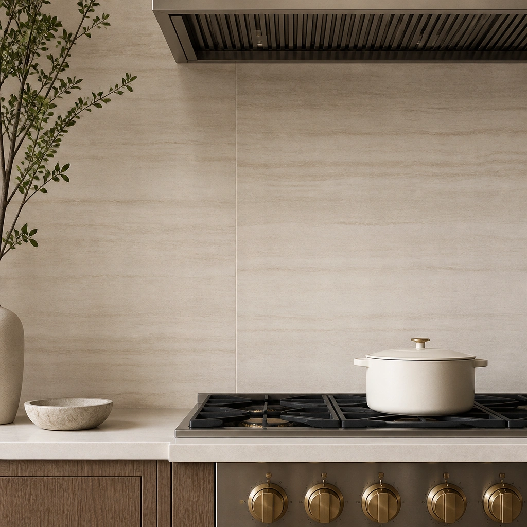 Large porcelain/ceramic slab tiles in oatmeal beige with faint, straight linear veining, shown behind a stove area with clean, narrow grout lines.