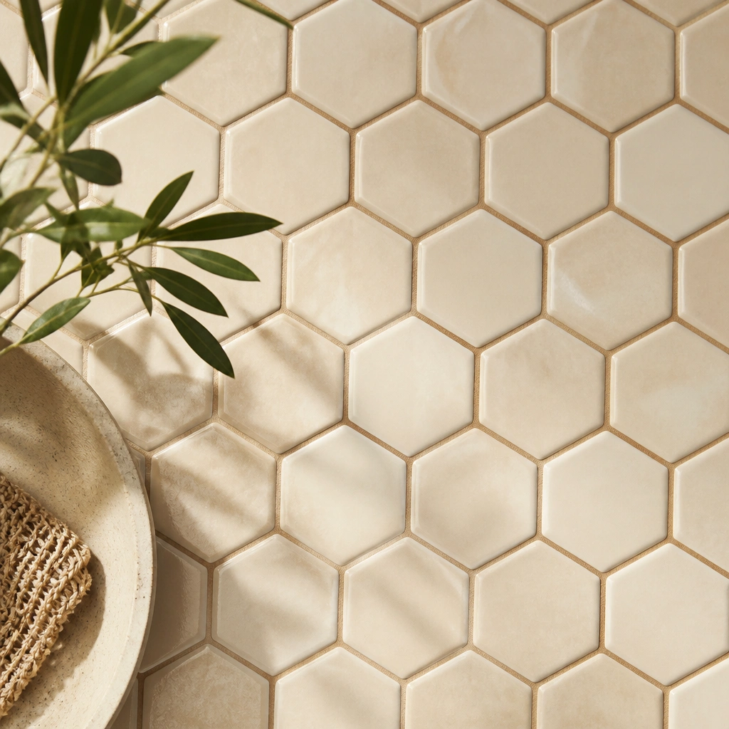 Small hexagonal tiles in creamy beige arranged in a honeycomb pattern, with warm sand-colored grout and a smooth, lightly glossy finish.