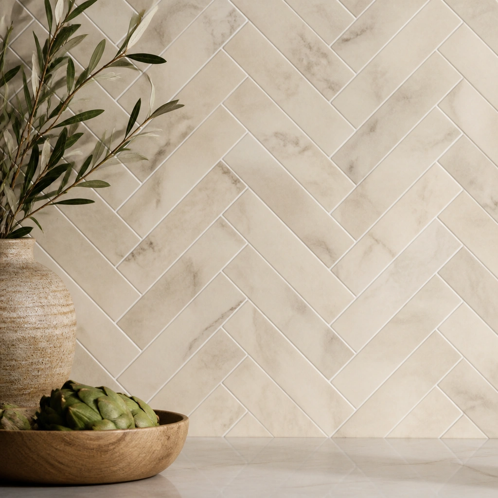 A herringbone backsplash pattern using beige marble-effect tiles with soft gray-brown veining, arranged in a zigzag layout with thin grout lines.