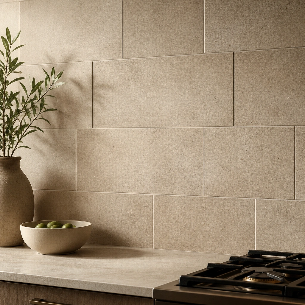 Matte cement-look backsplash tiles in sandy beige with tiny speckles and a lightly mottled texture, laid in a staggered or random pattern with thin, consistent grout lines.