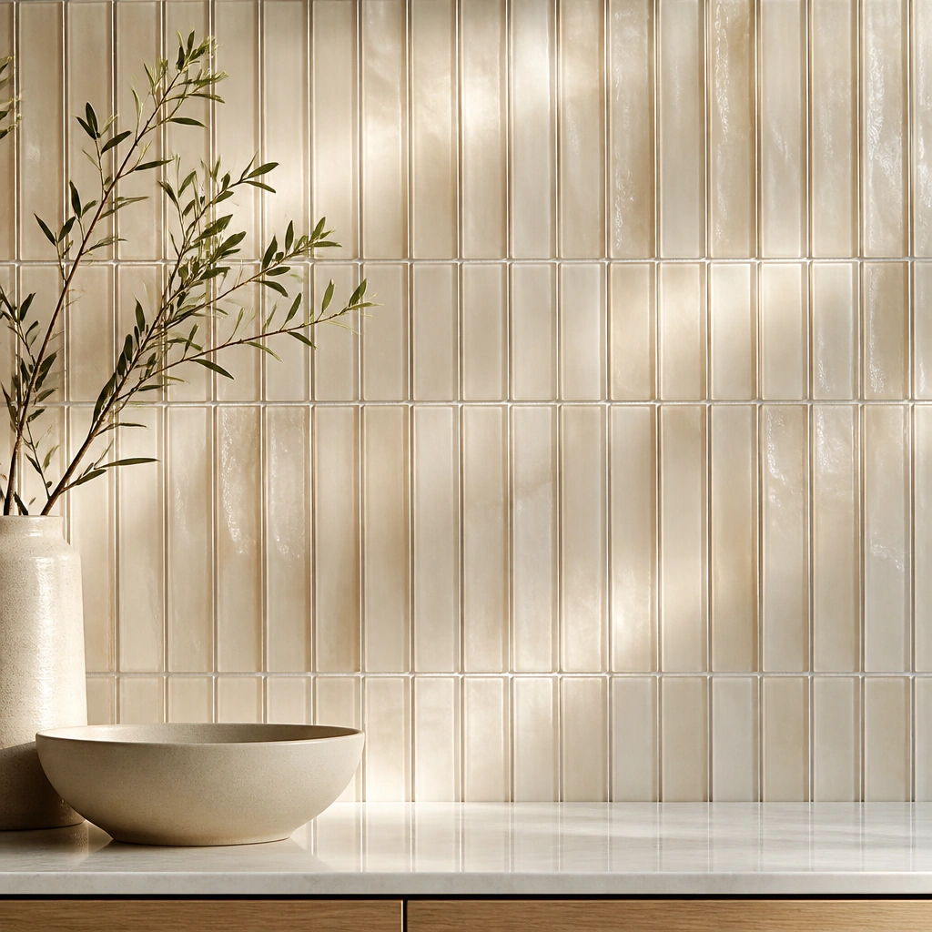 Small rectangular glass tiles in a translucent beige-opal color, set in a vertical stack pattern with light grout lines, shown catching light from above.