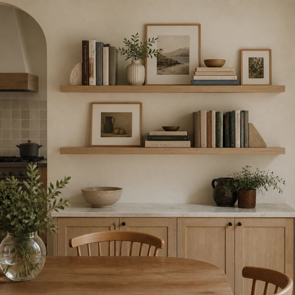 A kitchen dining wall with two slim picture ledges. Books are stacked standing and horizontal in small groups, with framed prints leaning behind the books. A warm neutral backdrop keeps spines readable.