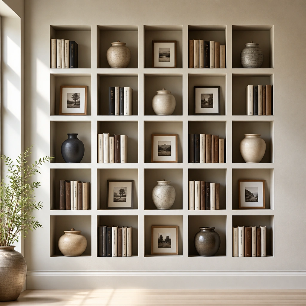 A wall-mounted cubby grid with square openings. Each cubby holds either a vertical stack of books, a small framed photo, or a ceramic jar. The arrangement is symmetrical with slight visual breaks.