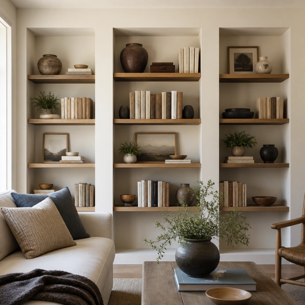Three vertical shelves create a built-in look. The tallest books sit in the center shelf, with shorter stacks on both sides. A painted wall behind the shelves is a warm off-white.