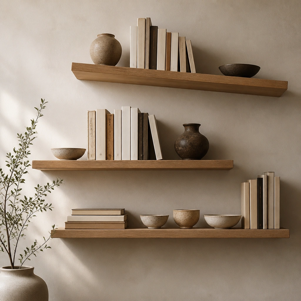Three horizontal shelves arranged in a staggered pattern. The top shelf starts higher on one side and slightly lower on the other. Books vary between vertical and horizontal, with small ceramic bowls on the lower shelf.